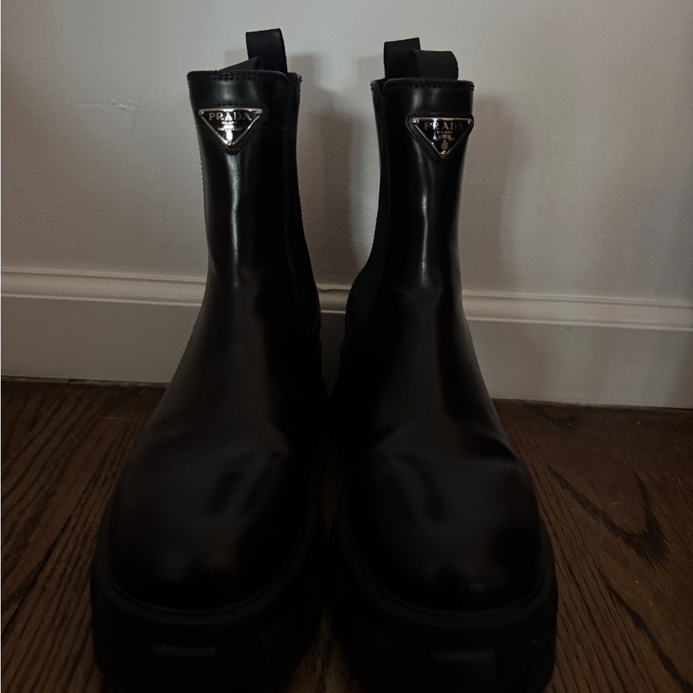 Prada Black Brushed Leather Booties Chelsea Boots